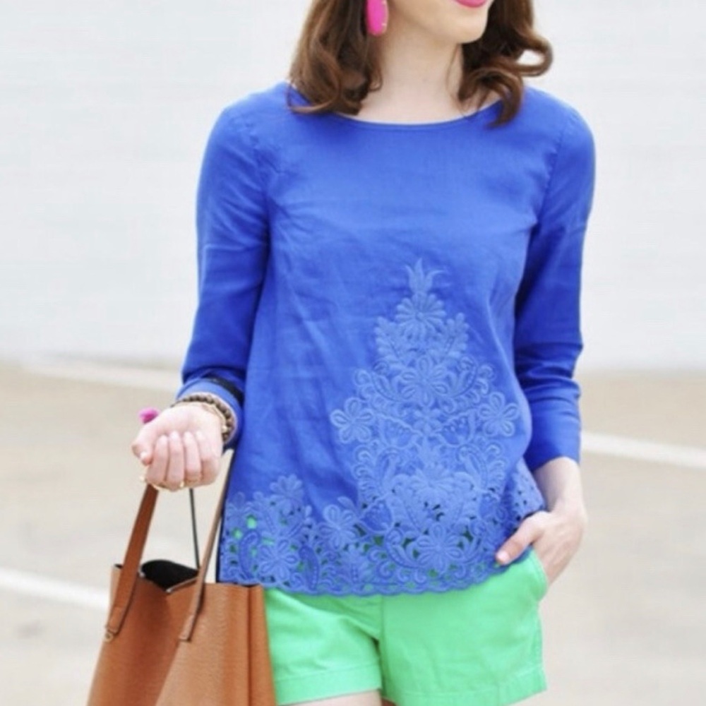 💙 J.Crew Blue Linen Embroidered Blouse Back Zip Top Size 2